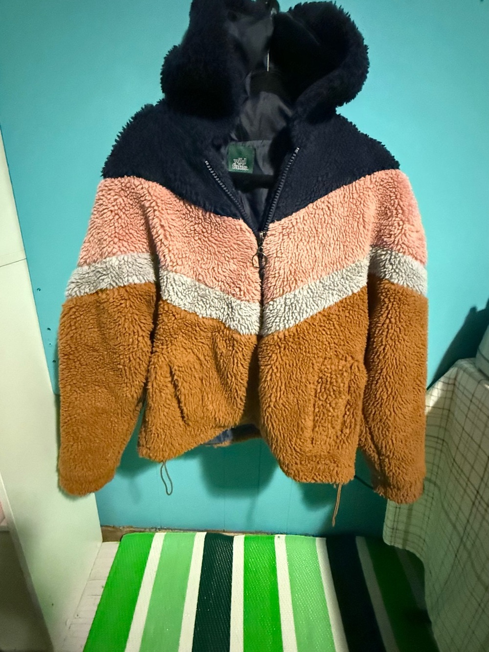 wild fable Navy, Pink & Brown Colorblock Sherpa Hooded Jacket